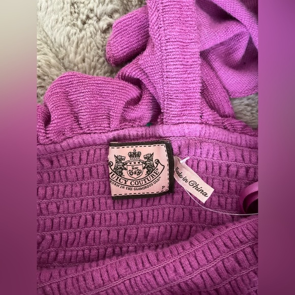 Y2K Juicy Couture Dress TerryCloth Violet Ruffle Trim 1 Shoulder Smocked Bust XS - Picture 5 of 6